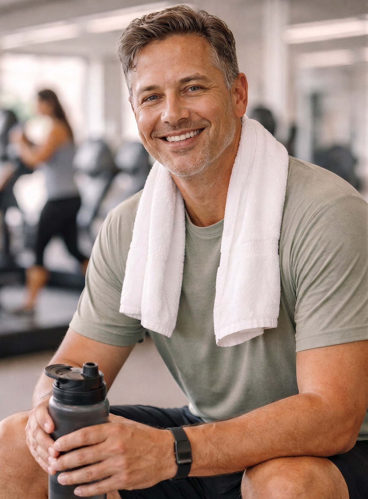 Man seated in a gym after a workout, holding a water bottle and towel.